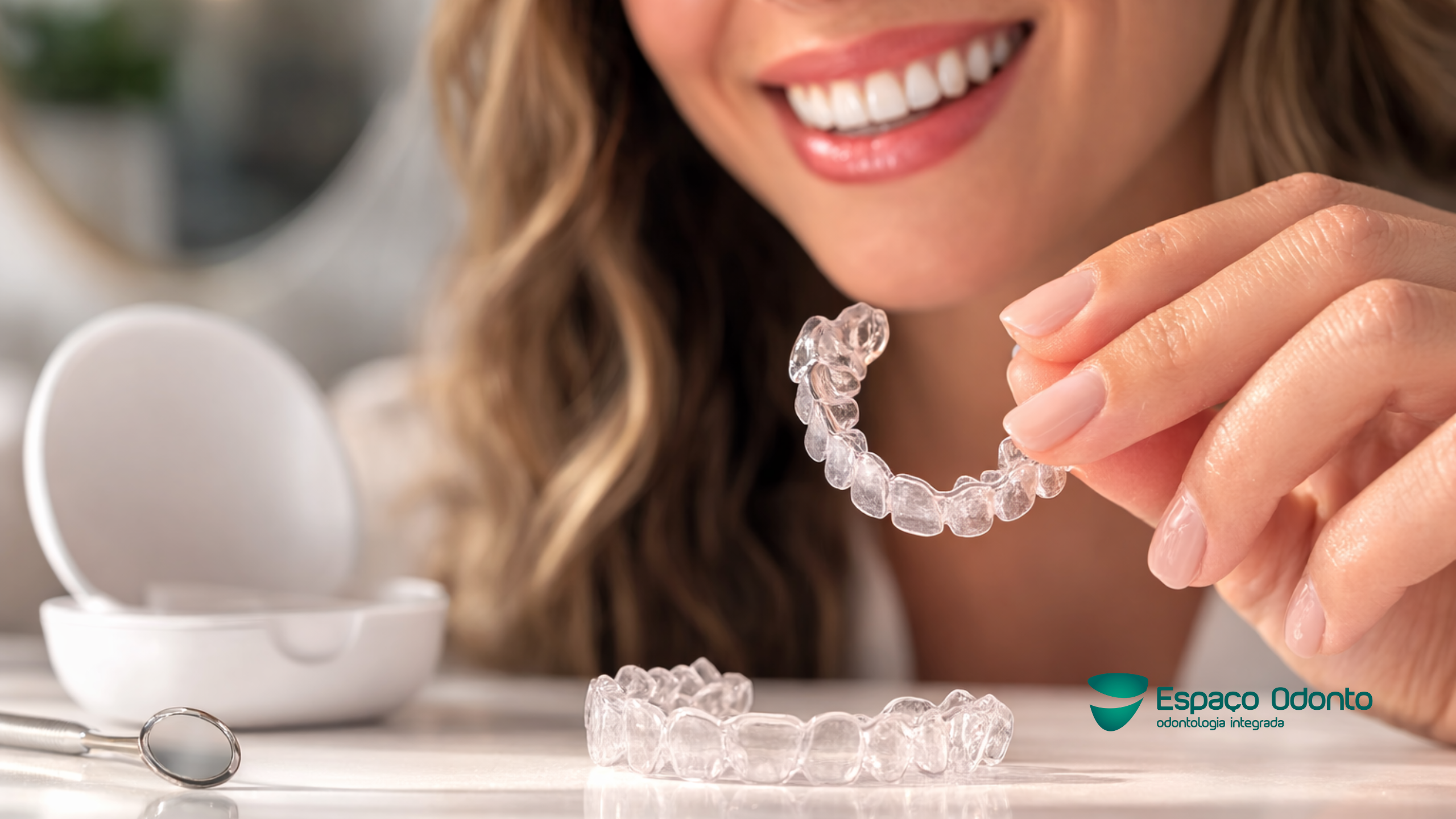 Paciente segurando alinhador transparente removível durante tratamento ortodôntico