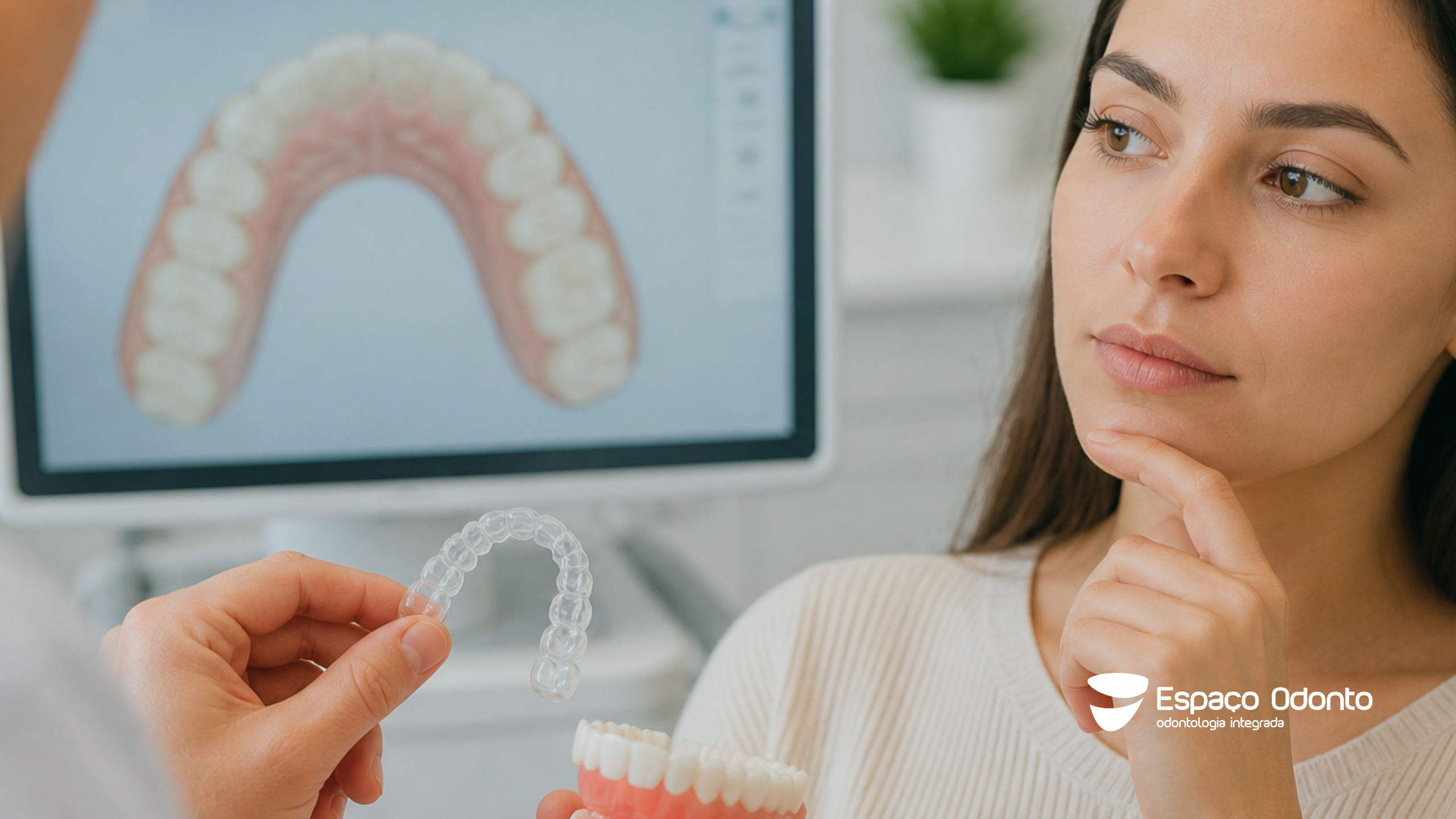 Paciente em avaliação odontológica para alinhador transparente e planejamento ortodôntico