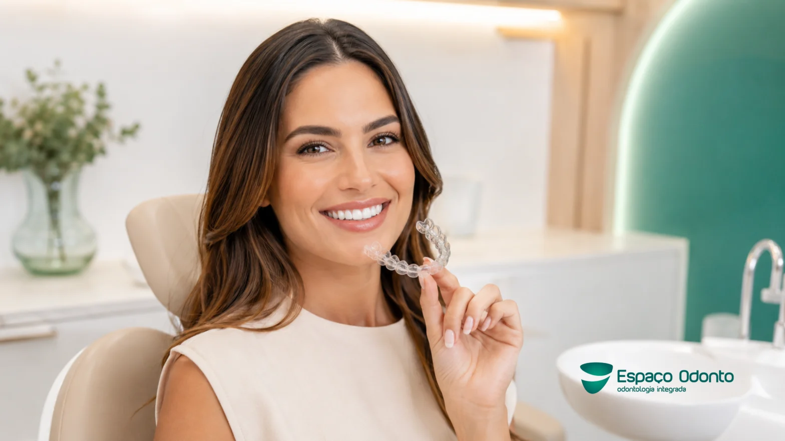 Paciente segurando contenção após alinhadores transparentes para manter os dentes alinhados
